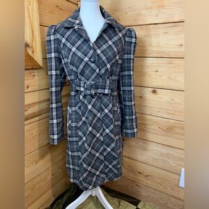 Via Wool Black Red‎ & Gray Plaid Trench Coat Pea Belted Feminine Size 8 Medium